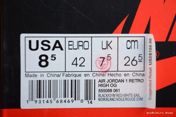 - High 555088-061 Air Jordan Red' Og Retro 555088-061 1 'Gym 0309